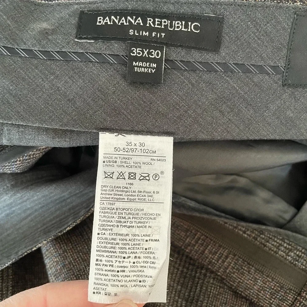Banana Republic Wool Slim Trousers with extended tab brown glen plaid Mens 35x30